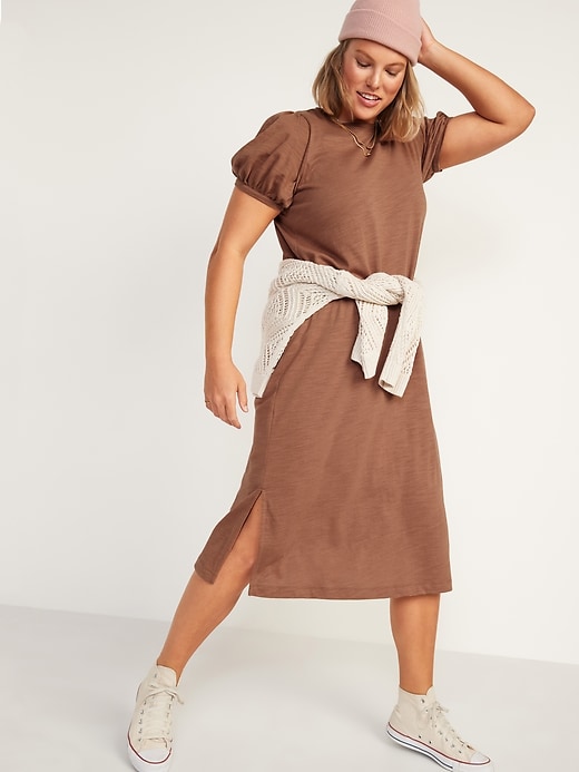 Image number 3 showing, Puff-Sleeve Midi T-Shirt Shift Dress for Women