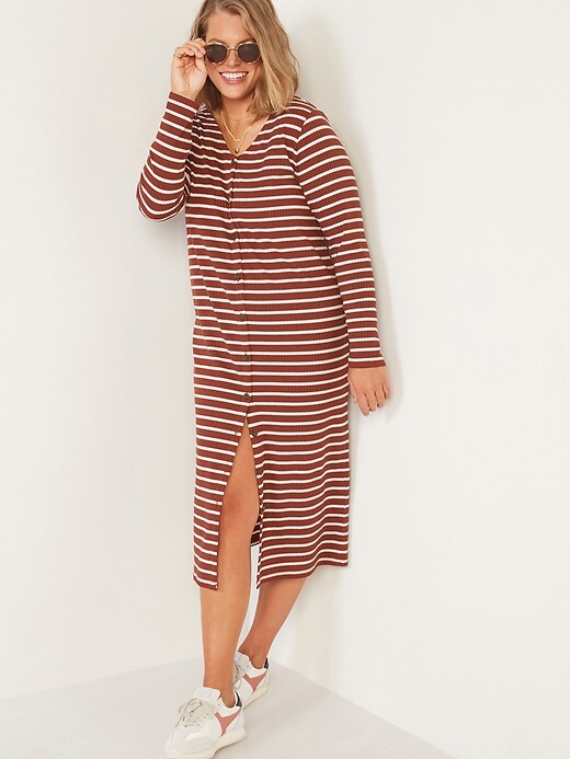 Image number 1 showing, Striped Rib-Knit Cardigan Sweater Midi Dress for Women