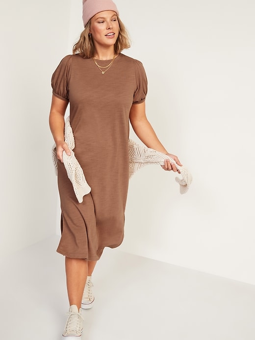 Image number 1 showing, Puff-Sleeve Midi T-Shirt Shift Dress for Women