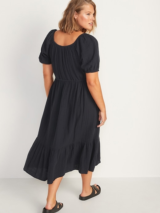 Image number 2 showing, Puff-Sleeve Scoop-Neck Waist-Defined Midi Dress for Women