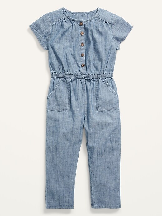 View large product image 1 of 2. Short-Sleeve Cinched-Waist Chambray One-Piece for Toddler Girls