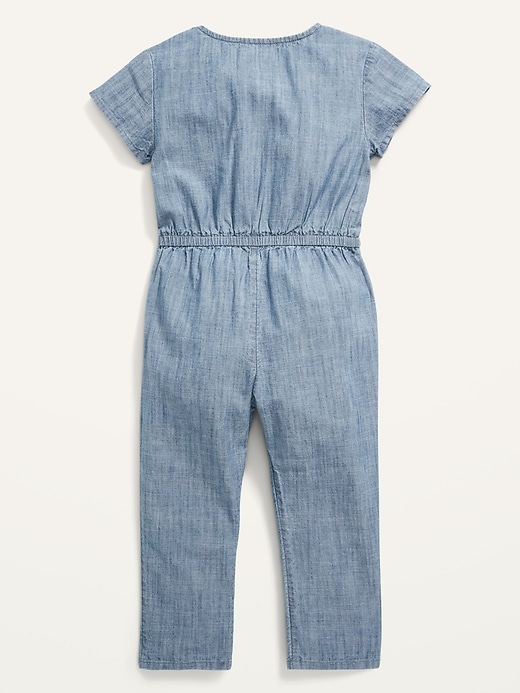 View large product image 2 of 2. Short-Sleeve Cinched-Waist Chambray One-Piece for Toddler Girls