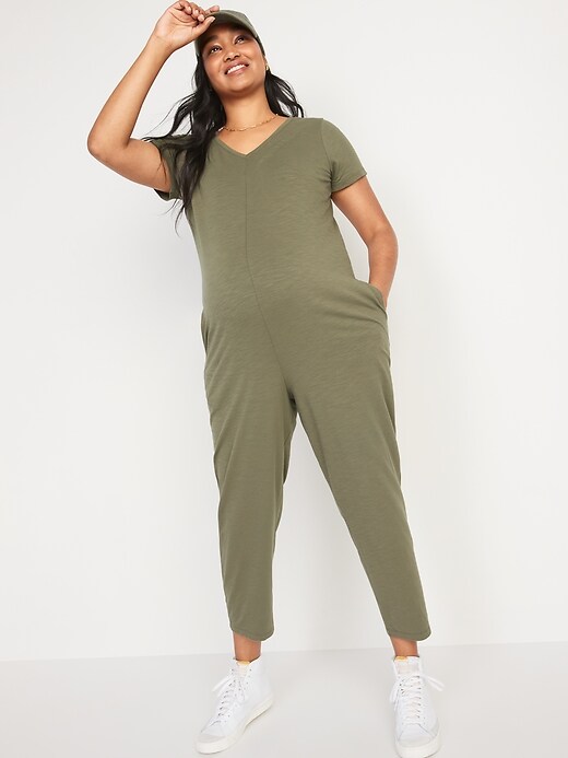 View large product image 1 of 1. Maternity Short-Sleeve Cropped Slub-Knit Jumpsuit