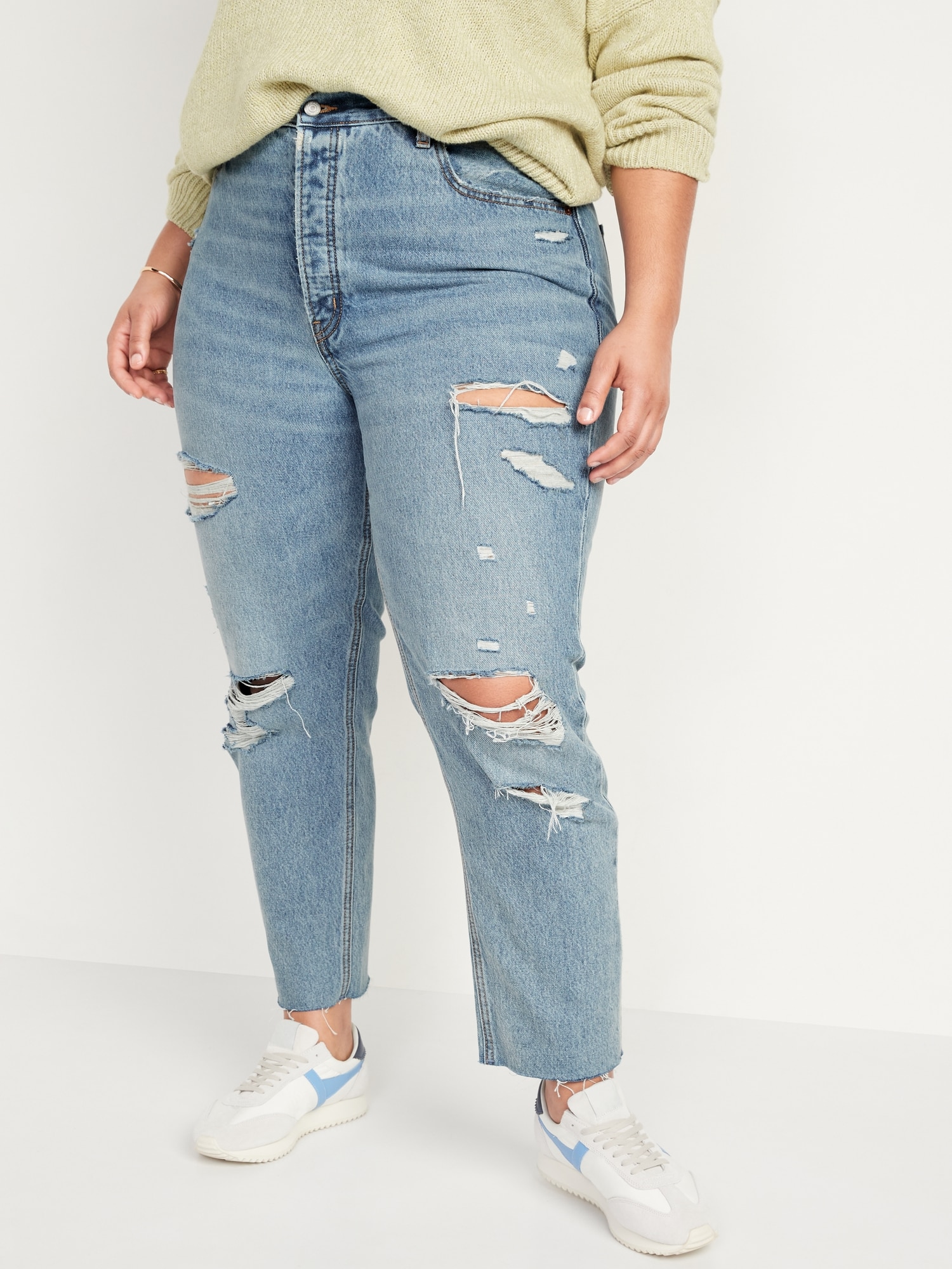 Extra High-Waisted Button-Fly Sky Hi Straight Ripped Non-Stretch Jeans ...