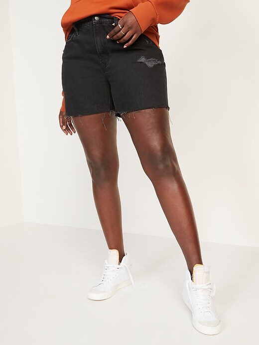 Image number 1 showing, High-Waisted Slouchy Straight Cut-Off Black Jean Shorts for Women-- 5-inch inseam