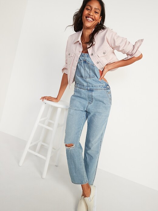Image number 3 showing, Light-Wash Slouchy Straight Workwear Ripped Jean Overalls