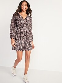 View large product image 3 of 3. Floral-Print V-Neck Long-Sleeve Swing Dress for Women
