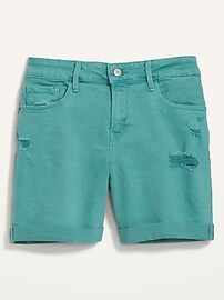 Mid-Rise Distressed Green-Color Jean Shorts -- 5-inch inseam