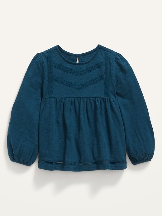 View large product image 1 of 1. 3/4-Sleeve Crochet-Trim Jersey Top for Toddler Girls