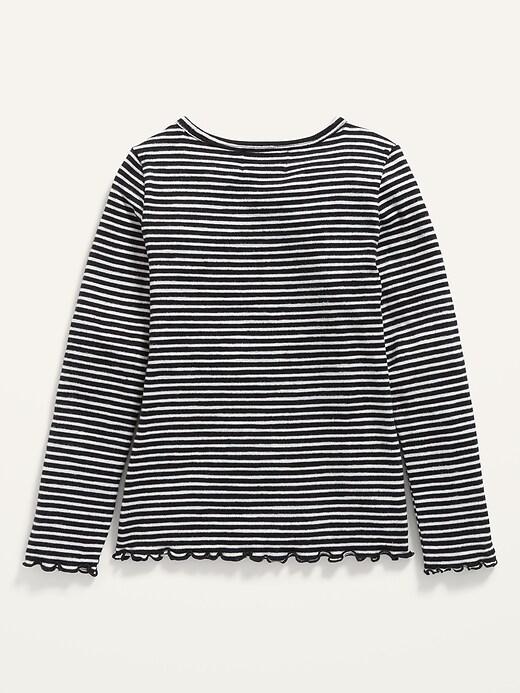 Cozy Striped Slub-Knit Lettuce-Edge Henley T-Shirt for Girls