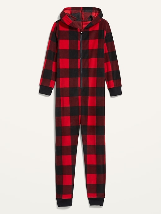 View large product image 2 of 2. Gender-Neutral Matching Microfleece Hooded One-Piece Pajamas For Kids