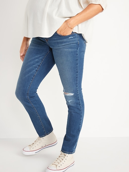 View large product image 1 of 3. Maternity Front-Low Panel Distressed Skinny Jeans