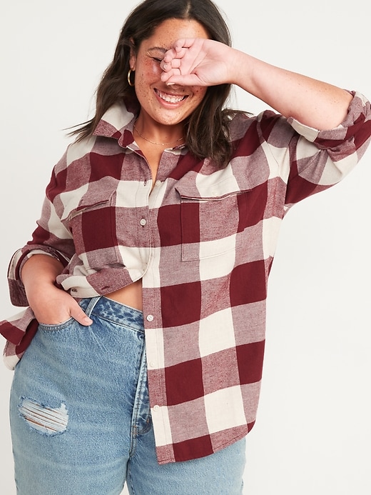 View large product image 1 of 1. Oversized Plaid Flannel Boyfriend Tunic Shirt for Women
