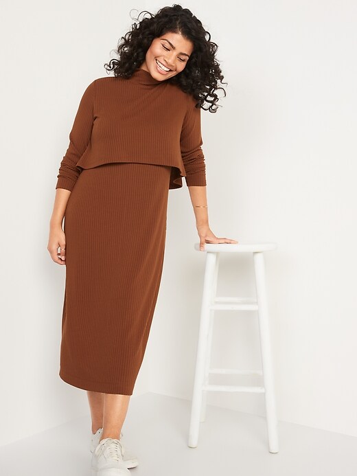 View large product image 1 of 1. Maternity Double-Layer Midi Nursing Sweater Dress