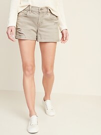 Mid-Rise Distressed Boyfriend Beige-Color Jean Shorts for Women -- 3-inch inseam