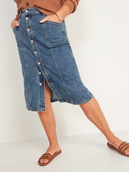 Image number 1 showing, High-Waisted Button-Front Medium Acid-Wash Jean Midi Skirt for Women