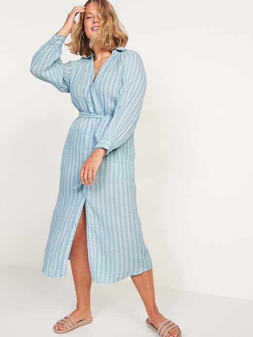 Image number 1 showing, Long-Sleeve Waist-Defined Striped Midi Dress for Women