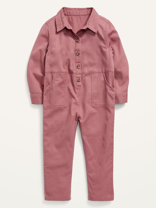 View large product image 1 of 2. Relaxed Long-Sleeve Button-Front One-Piece for Toddler Girls