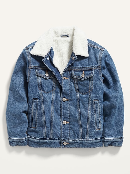 View large product image 1 of 2. Gender-Neutral Oversized Sherpa Jean Trucker Jacket for Kids