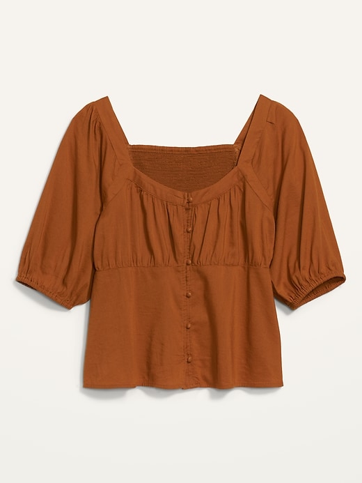 Image number 1 showing, Puff-Sleeve Smocked Button-Down Blouse