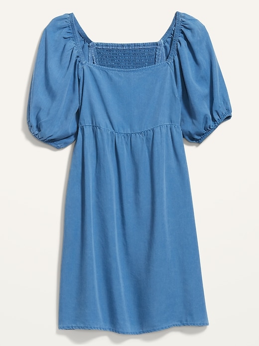 Image number 4 showing, Puff-Sleeve Chambray Mini Babydoll Swing Dress