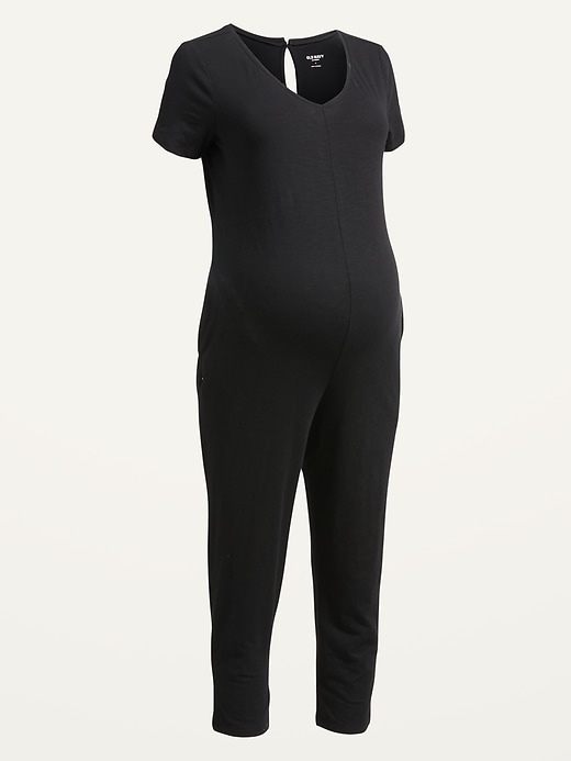 Image number 4 showing, Maternity Short-Sleeve Cropped Slub-Knit Jumpsuit