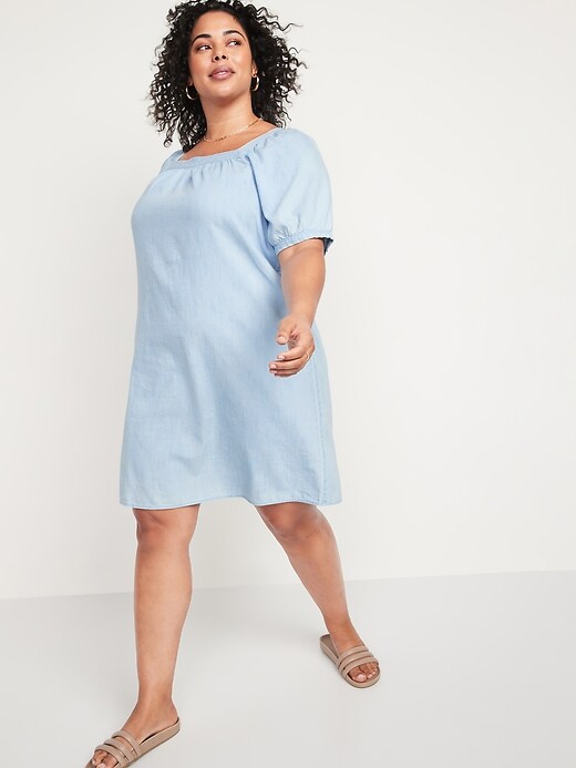 Image number 7 showing, Puff-Sleeve Light-Wash Jean Mini Swing Dress for Women