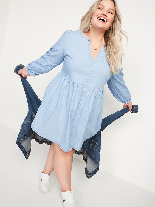 Image number 7 showing, Long-Sleeve Fit & Flare Chambray Mini Dress