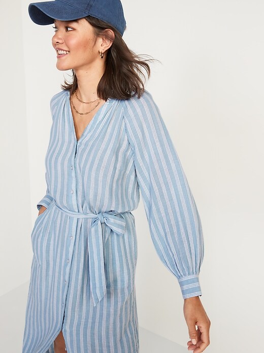 Image number 3 showing, Long-Sleeve Waist-Defined Striped Midi Dress