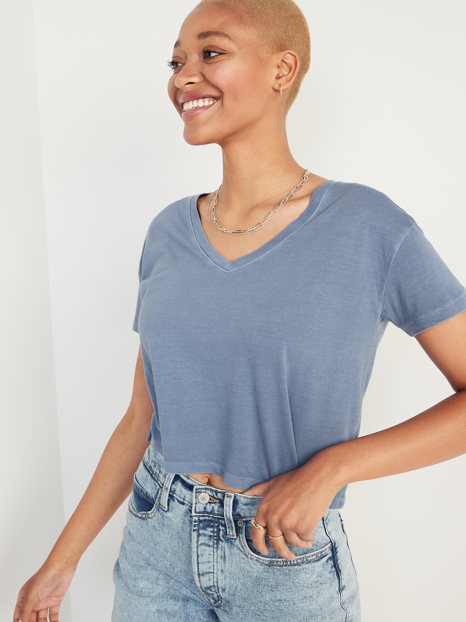 Loose Specially Dyed V-Neck Crop T-Shirt for Women | Old Navy