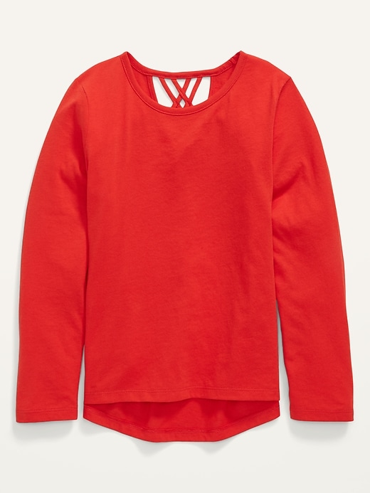 View large product image 1 of 2. Softest Long-Sleeve Lattice-Back Tee for Girls