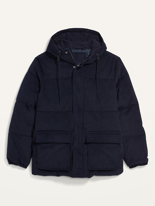 Water resistant hooded corduroy puffer jacket for men Clearance