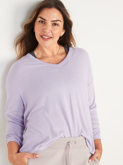 View large product image 1 of 1. Oversized Cozy-Knit V-Neck Long-Sleeve T-Shirt