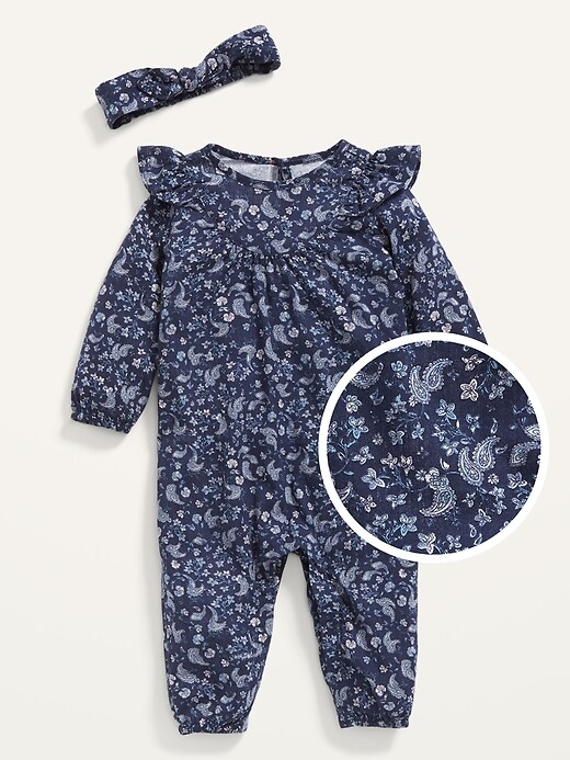View large product image 1 of 1. Long-Sleeve Floral One-Piece and Headband Set for Baby