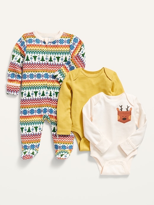 Unisex 3-Pack Long-Sleeve Bodysuit and Footed One-Piece Set for Baby