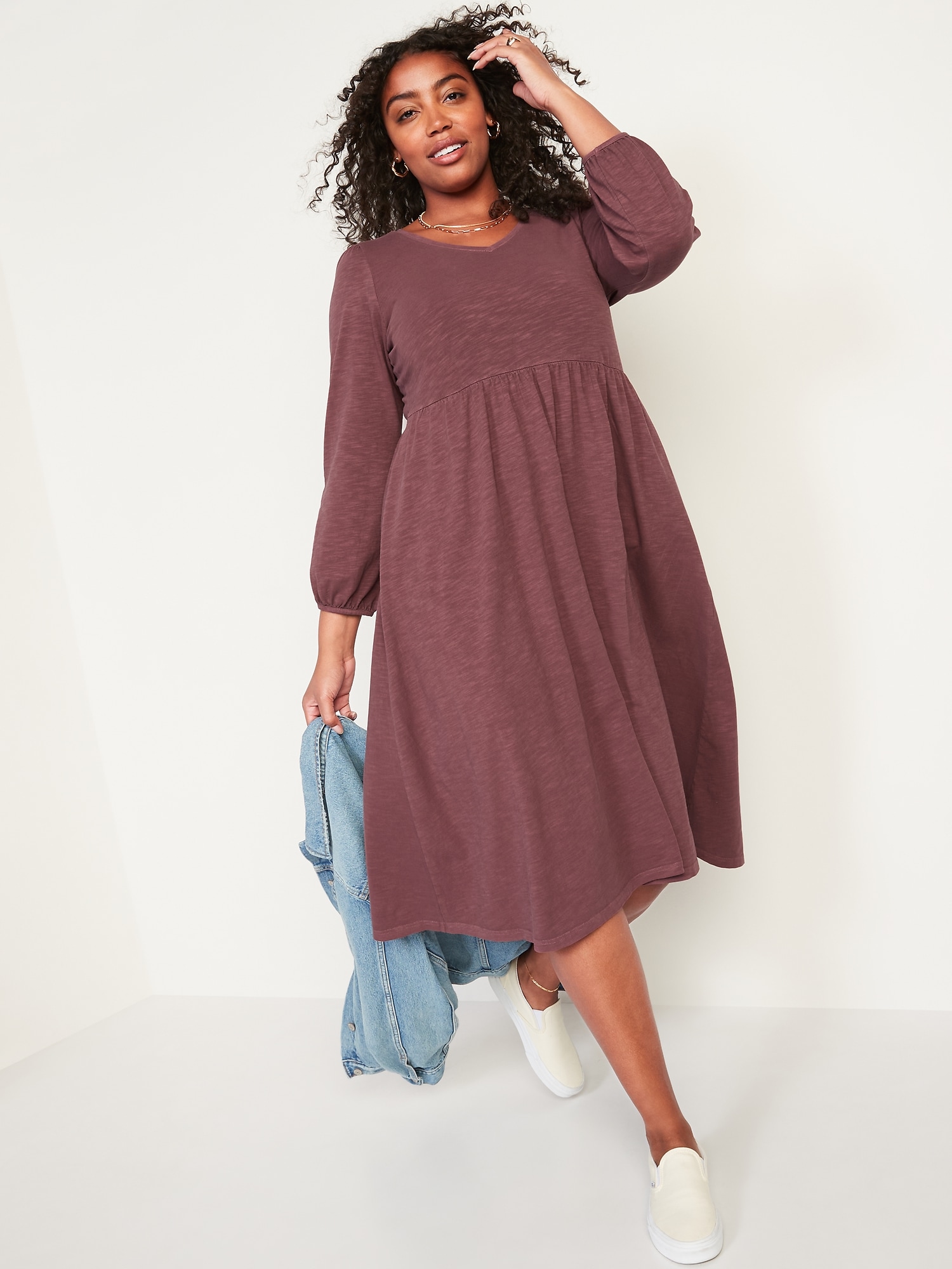 Long-Sleeve Fit & Flare Slub-Knit Midi Dress for Women | Old Navy