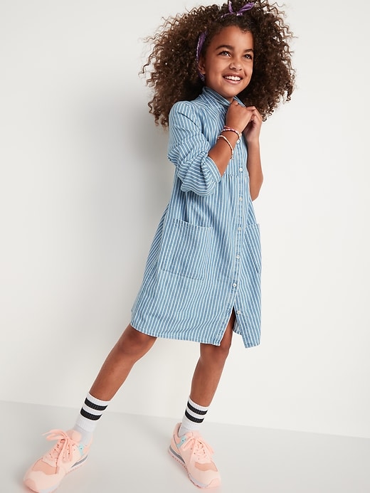 View large product image 1 of 3. Striped Button-Front Jean Shirt Dress for Girls