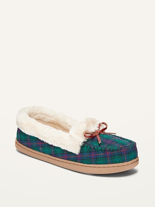 Old Navy Women's Plaid Faux-Fur Trim Moccasin Slippers (Green/Blue Plaid)