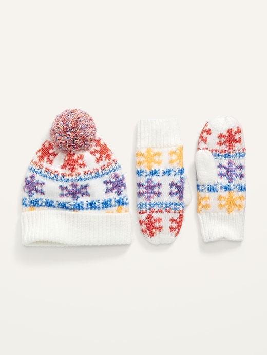 View large product image 1 of 2. Printed Pom-Pom Beanie And Mittens Set For Women