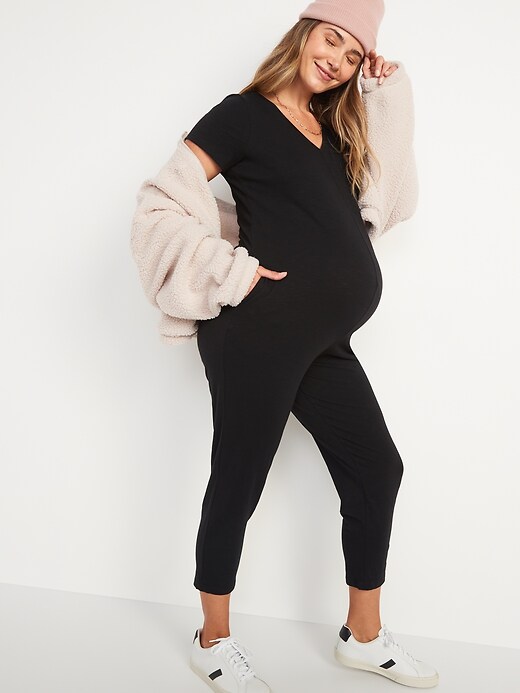 Image number 1 showing, Maternity Short-Sleeve Cropped Slub-Knit Jumpsuit