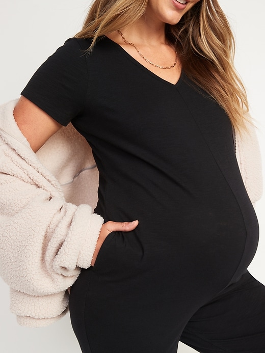 Image number 3 showing, Maternity Short-Sleeve Cropped Slub-Knit Jumpsuit