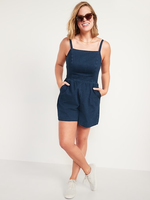 Image number 1 showing, Sleeveless Jean Cami Romper -- 3.5-inch inseam