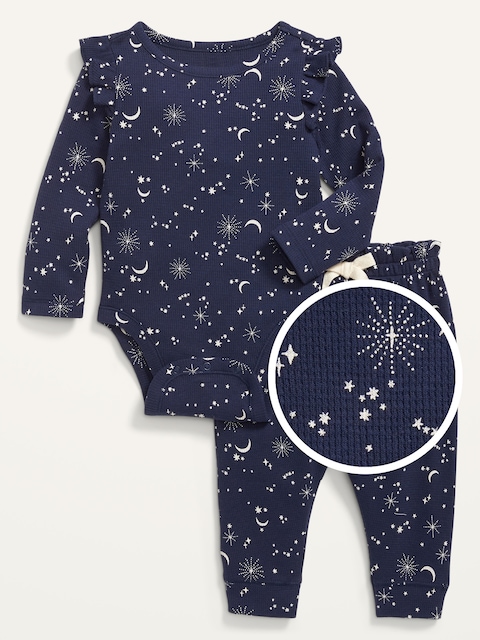 Unisex Printed Thermal-Knit Bodysuit & Leggings Set for Baby