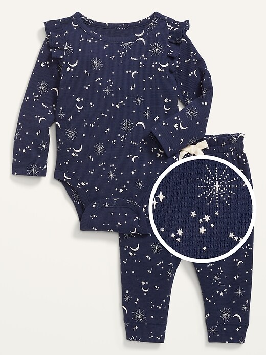 View large product image 1 of 3. Unisex Printed Thermal-Knit Bodysuit & Leggings Set for Baby