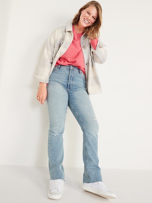 Image number 3 showing, Extra High-Waisted Button-Fly Kicker Boot-Cut Ripped Cut-Off Jeans