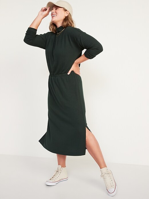 Image number 1 showing, Waist-Defined Rib-Knit Turtleneck Long-Sleeve Dress for Women