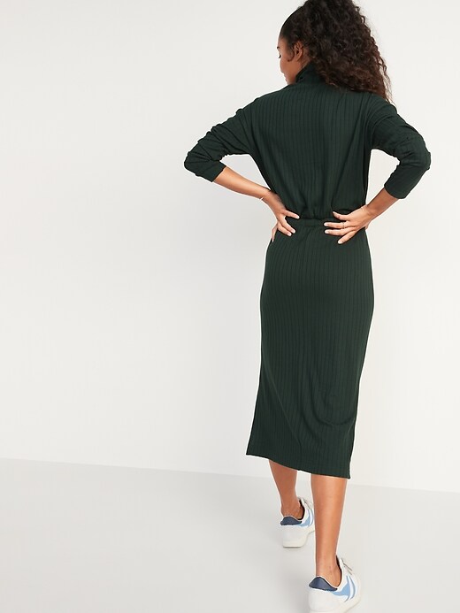 Image number 6 showing, Waist-Defined Rib-Knit Turtleneck Long-Sleeve Dress for Women