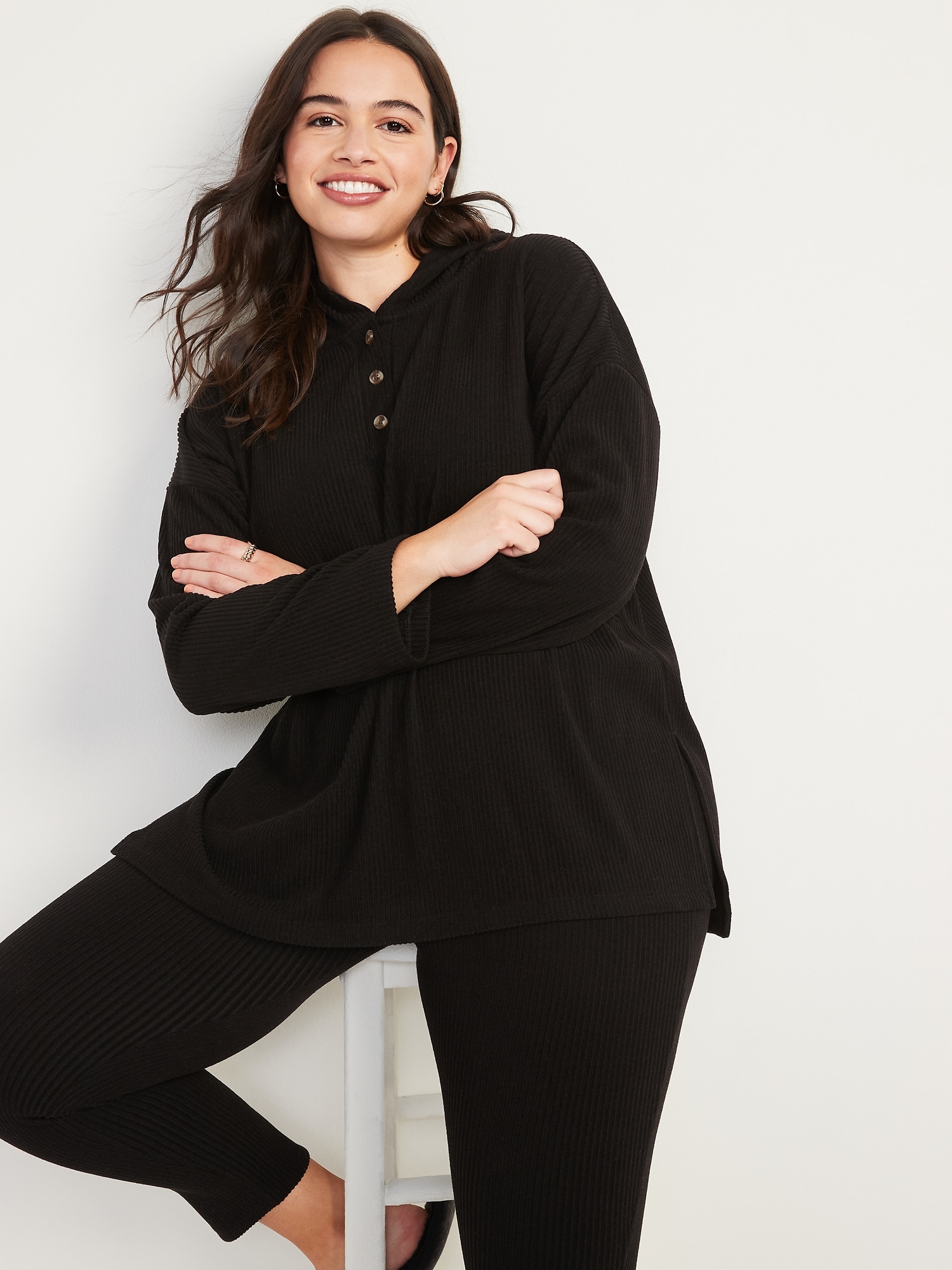 Cozy Oversized RibKnit Tunic Hoodie for Women Old Navy