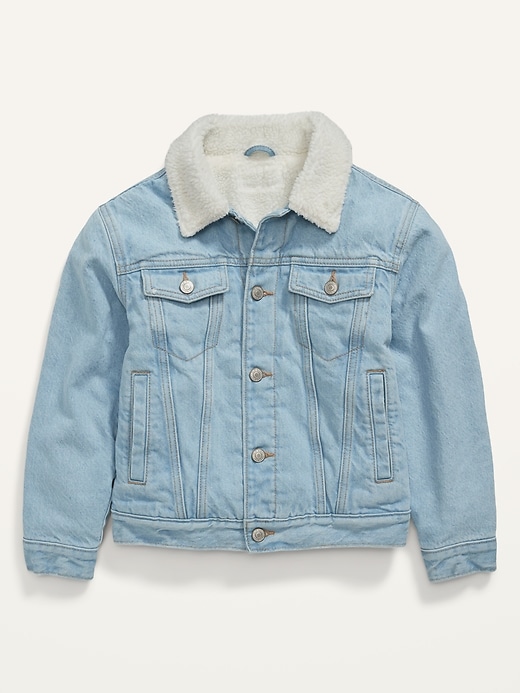 View large product image 1 of 2. Gender-Neutral Oversized Sherpa Jean Trucker Jacket for Kids