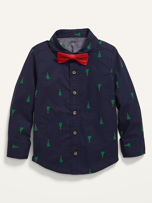 Old Navy Christmas Tree Print Built-In Flex Shirt & Bow-Tie Set for Toddler Boys. 1